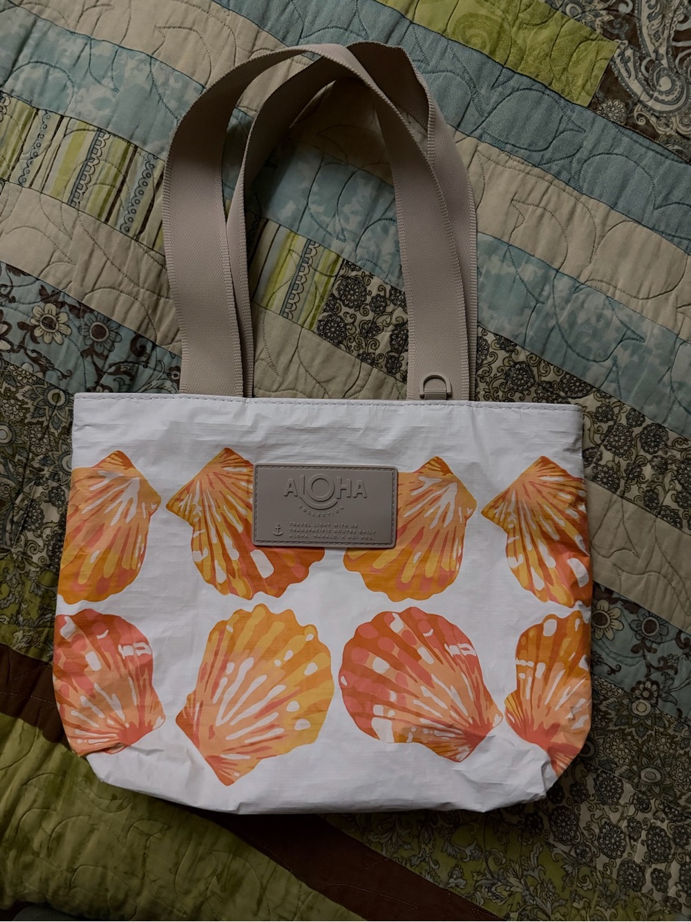 ALOHA Collection White Tote with Orange Shell Print and Beige Straps